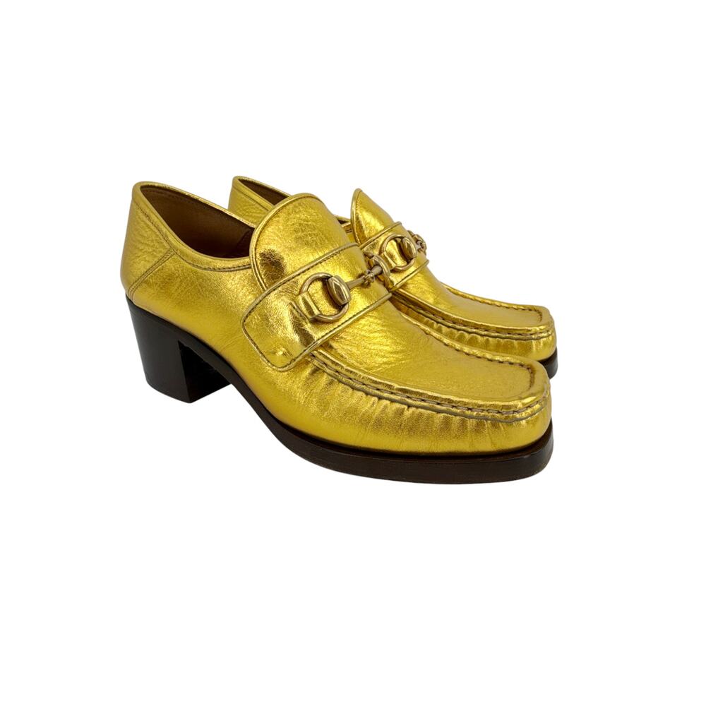 GUCCI Vegas Horsebit Collapsible Heel Metallic Leather Loafer 37 - Picture 1 of 14